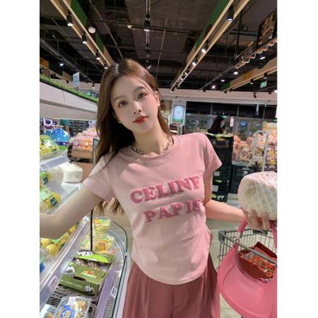 PF3313#冰丝螺纹 发泡字母短袖T恤女装夏季修身短款褶皱上衣