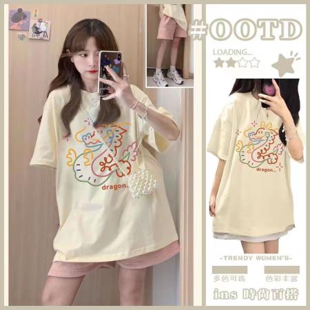 PF3315#精梳紧密赛落纺 纯棉后包条 春夏宽松正肩印花短袖T恤