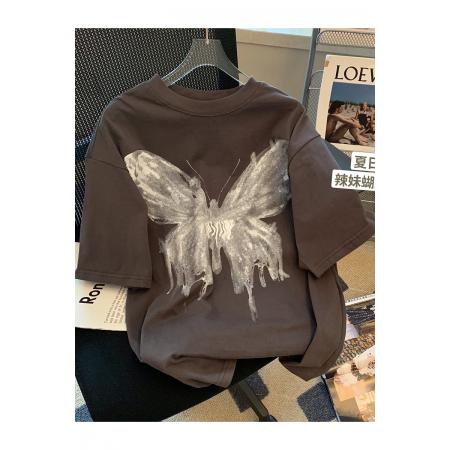 PF3316#精梳紧密100%棉直播同品前印花宽松短袖t恤女