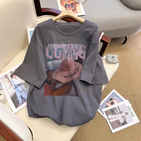 PF3317#精梳紧密100%棉直播同品前印花宽松短袖t恤女