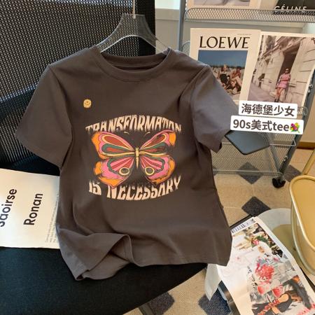 PF3318#精梳紧密100%棉直播同品前印花宽松短袖t恤女