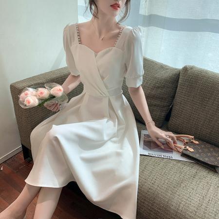 PF3322#领证白色晚礼服女小个子宴会气质洋装登记连衣裙年会平时可穿
