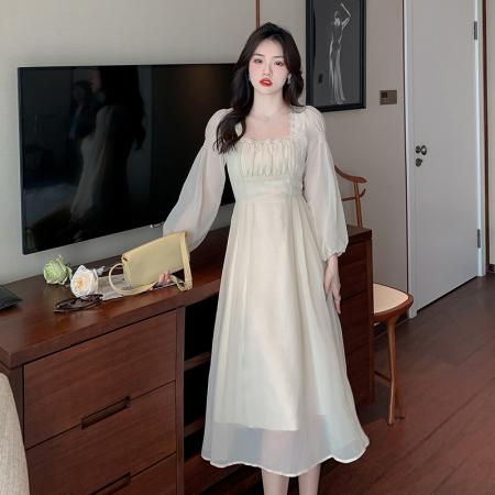 PF3325#茶歇法式方领宫廷风连衣裙女2024春秋新款桔梗仙女长裙
