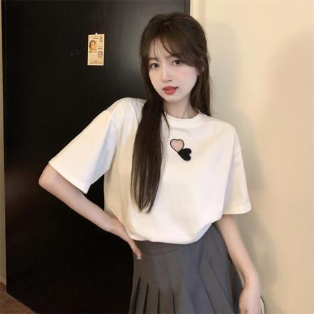 PF3347# 纯棉镂空爱心短袖T恤女宽松独特别致上衣