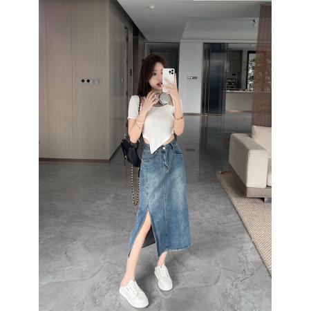 PF3361#新款开叉牛仔裙半身裙中长裙女A字裙