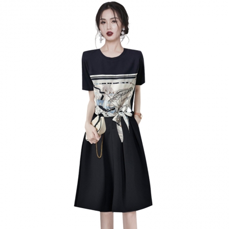 BY27#欧美名媛休闲时尚套装女夏季短袖印花上衣A字半裙两件套