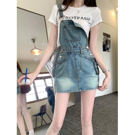 PF3362#夏季复古怀旧宽松半身背带裙牛仔裙女短裙