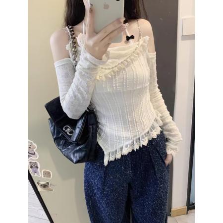 PF3367#甜虾派 SWEET YILIN设计感蕾丝衫链条春与拉美一字肩短上衣女