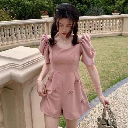 PF3370#夏季韩版新款时尚显瘦小个子连衣裤气质方领蝴蝶结连体裤女