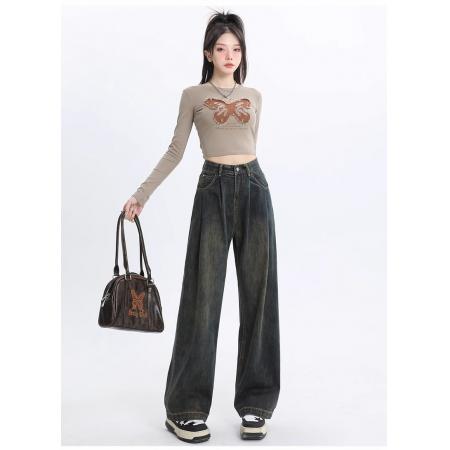 PF3375#阔腿牛仔裤女春秋季新款褶皱设计高腰显瘦梨形身材直筒裤子复古蓝