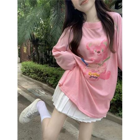 PF3377#韩系多巴胺粉色圆领长袖印花防晒衣打底衫女夏季宽松长款T恤上衣