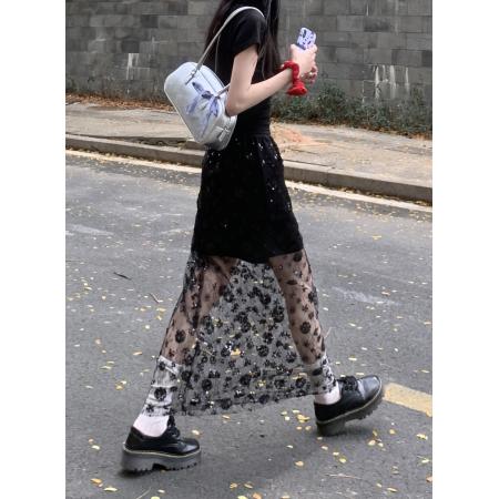 PF3380#韩版设计感绣花重工亮片半身长裙宽松减龄A字裙