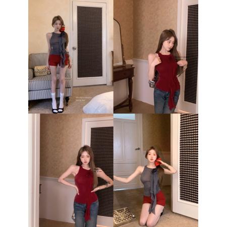 PF3381#立体花朵装饰烁银无袖针织打底飘带上衣女
