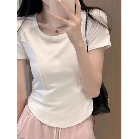 PF3382#韩系简约风正肩短袖t恤女夏季新款设计感小众修身显瘦短款上衣