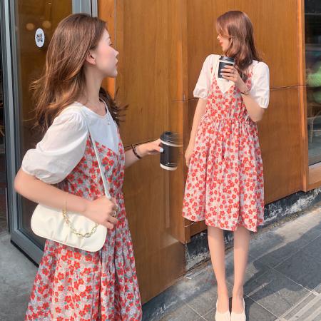 PF3383#夏装新款韩版宽松显瘦胖MM时尚大码女装田园泡泡袖中长款连衣裙