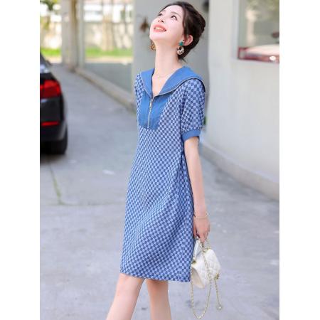 PF3386#胖妹妹甜美海军领淑女连衣裙 薄款格子水洗牛仔a字裙L-5XL