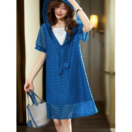 PF3393#韩版百搭休闲连衣裙2024夏季新款蕾丝宽松型连帽女L-5XL