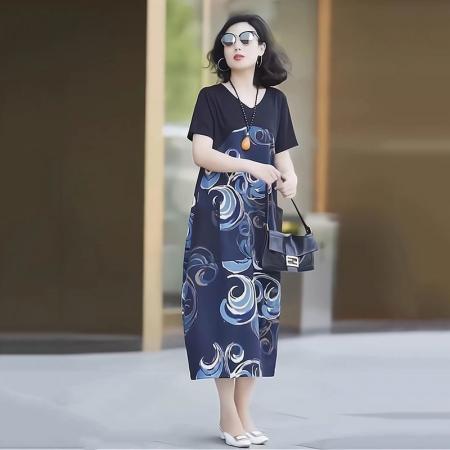 PF3394#高贵优雅大码连衣裙 夏季新款加肥加大妈妈装宽松洋气印花裙子