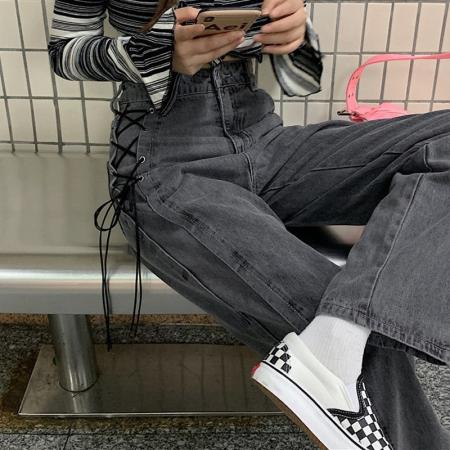 PF3403#烟灰色绑带牛仔裤女韩版ins高腰显瘦宽松百搭潮流直筒阔腿裤