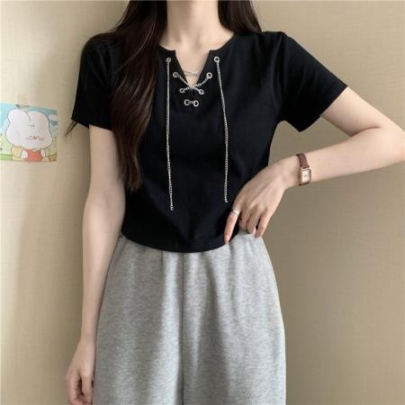 PF3404#夏季韩版款纯棉小众别致性感V领系带短款短袖T恤女
