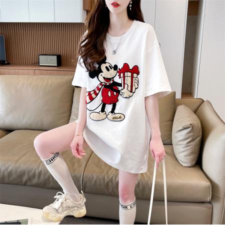 PF3405#新款韩版宽松圆领米奇毛巾绣大码短袖T恤女