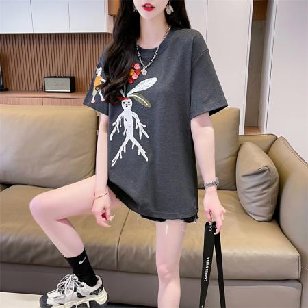 PF3406#新款韩版宽松莫代尔圆领卡通刺绣大码短袖T恤女