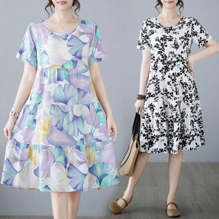 PF3408#棉绸连衣裙年轻时尚外穿宽松胖MM夏装显瘦遮肚小格子碎花裙