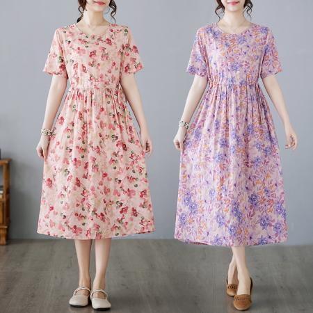 PF3409#复古文艺碎花棉麻连衣裙女夏季宽松显瘦抽绳收腰时尚连衣裙