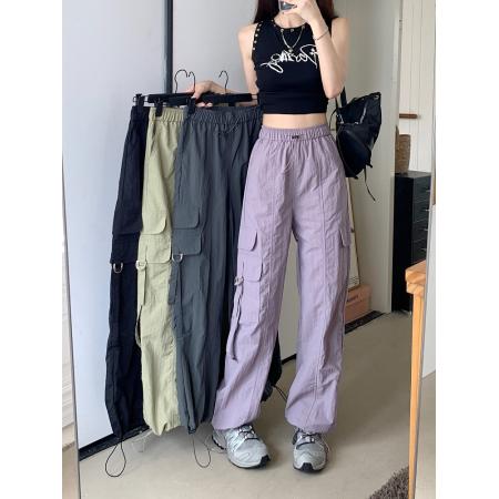 PF3424#工装裤子夏季 新款高腰宽松抽绳阔腿休闲裤子女直筒长裤
