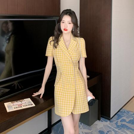 PF3431#夏季新款格子西服显瘦气质连衣裙