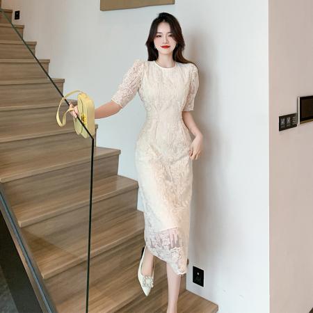 PF3433#法式蕾丝连衣裙女夏季2024新款泡泡袖设计中长款裙子937实价