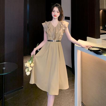 PF3441#女装荷叶边连衣裙2024年夏季新品时尚飞飞袖中长裙配腰带