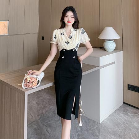 PF3449#茶歇法式假两件性感V领连衣裙女夏新款修身显瘦开叉黑色包臀裙