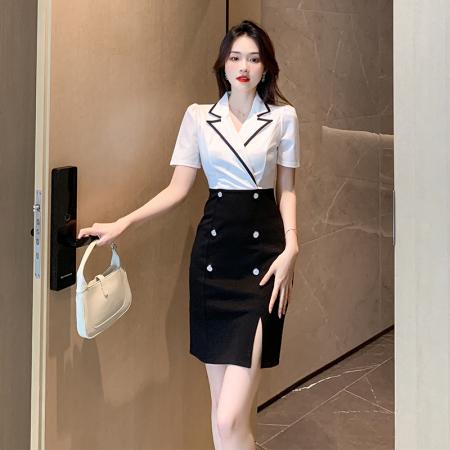 PF3450#夏季新款气质西服领拼接职业名媛修身显瘦连衣裙