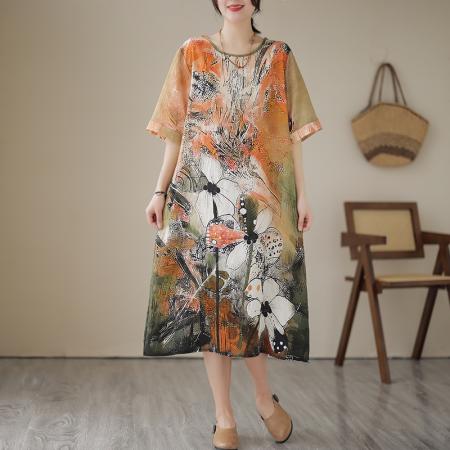 PF3471#胖MM民族风文艺定位花宽松显瘦圆领短袖连衣裙女