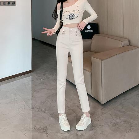 PF3478#韩系高腰小脚裤扣袢装饰牛仔裤女修身显瘦长裤