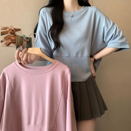 PF3479#大码女装夏季新款设计感圆领短款纯色宽松T恤洋气短袖上衣