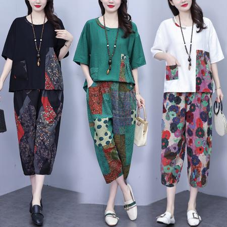 PF3483#大码女装2024夏新款中老年妈妈上衣T恤套装洋气大码棉麻裤两件套