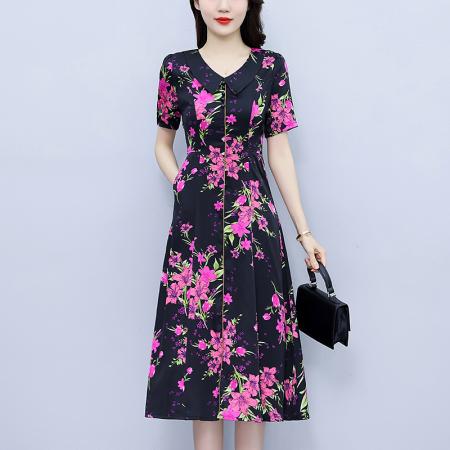 PF3487#缎面碎花连衣裙女2024夏季新款高档妈妈国风今年流行精致妈妈裙子