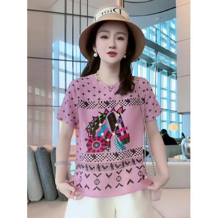 PF3489#夏季新款粉色马紋休闲时尚T恤法式复古印花圆领宽松短袖上衣