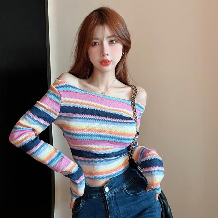 BY29#彩虹条纹露肩长袖修身显瘦一字肩上衣女