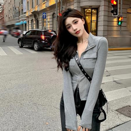 PF3490#新款修身显瘦t恤开衫辣妹短款上衣拉链纯欲风外套女