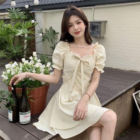 PF3492#下拉链 纯欲茶歇法式初恋连衣裙子设计感小众泡泡袖仙女裙夏季