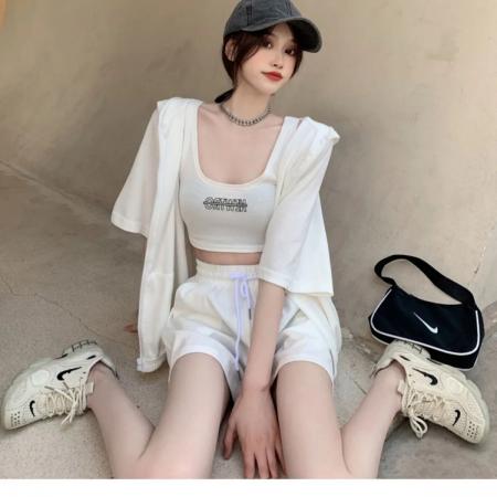 PF3493#时尚休闲三件套女2024新款夏季外套背心阔腿短裤网红运动套装女潮