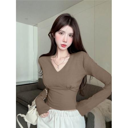 PF3494#纯欲辣妹性感v领短款上衣女秋冬美拉德长袖t恤打底衫内搭