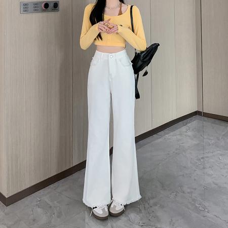 PF3496#白色直筒牛仔裤女2024年显瘦阔腿裤宽松休闲裤毛边长裤