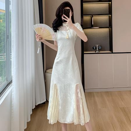 PF3497#白玉月光新中式旗袍连衣裙短袖收腰显瘦性感网纱长裙2024夏季裙子