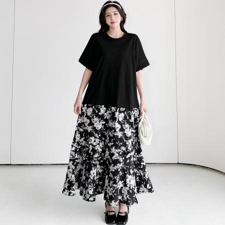 PF3499#夏新款/大码拼接碎花长款裙子显瘦高级短袖连衣裙女