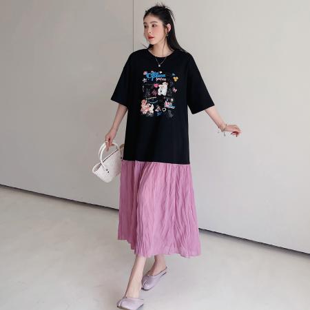 PF3501#夏新款/卡通印花拼接皱褶裙摆大码T恤裙长款连衣裙