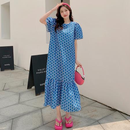 PF3503#夏新款/优雅四叶草印花泡泡袖鱼尾裙摆连衣裙女
